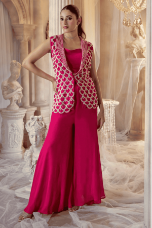 Indian wedding Georgette silk crop top Jacket palazzo in Pink colour 2841