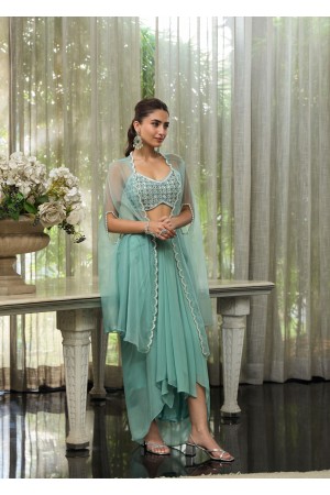 Indian wedding organza crop top cape suit in sea green colour 2748