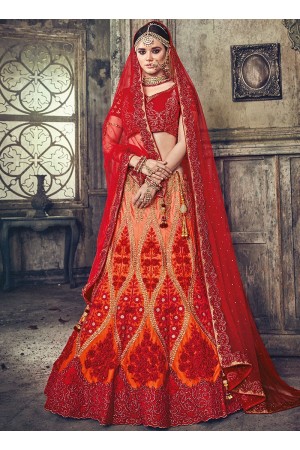 Orange and red pure satin wedding lehenga choli