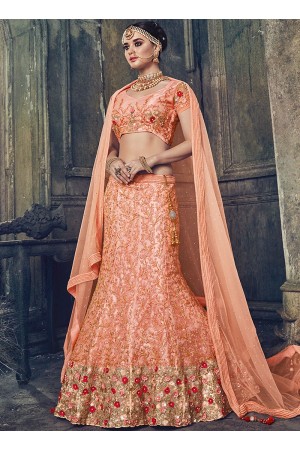 Peach net wedding lehenga choli