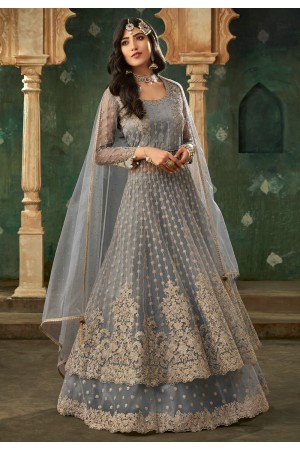 Gray net embroidered long choli lehenga 78003