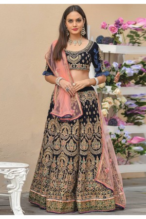 Navy blue velvet embroidered circular lehenga choli 971