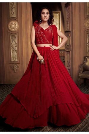 Red satin double layered designer lehenga choli 062