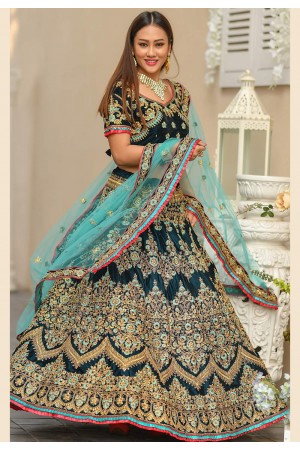 Teal blue velvet embroidered circular lehenga choli 974