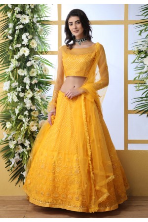 Yellow net embroidered circular lehenga choli 1214