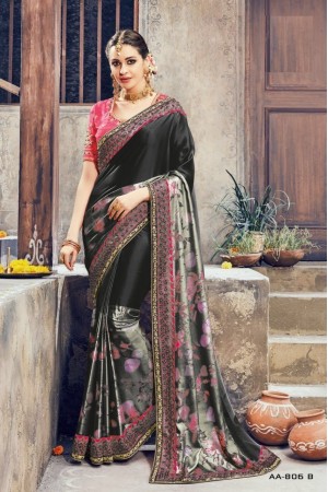 Black and pink crepe satin wedding wear saree