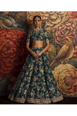 Sabyasachi Inspired Rama Green Banglori silk wedding lehenga