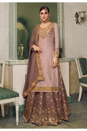 Coral pink satin long choli lehenga PRQ3970