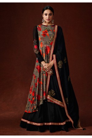 Gray silk layered long anarkali suit 11053