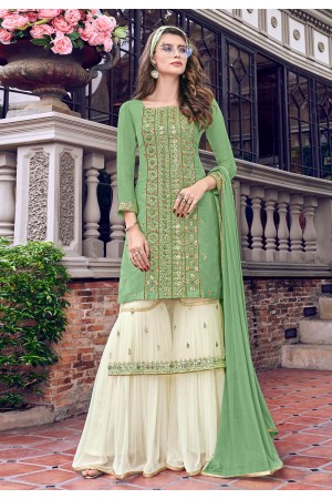Green tussar embroidered sharara suit 6402