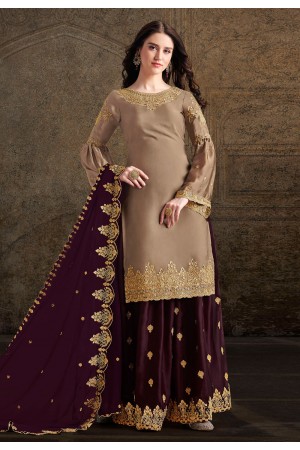 Light brown satin embroidered palazzo suit 30033