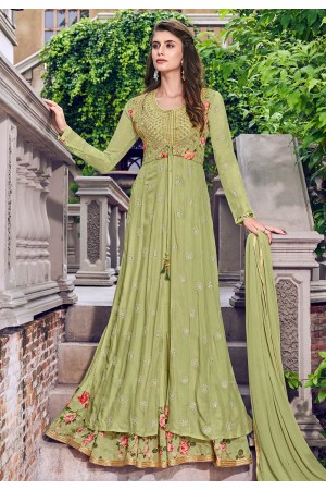 Light green jacquard jacket style anarkali suit 6407