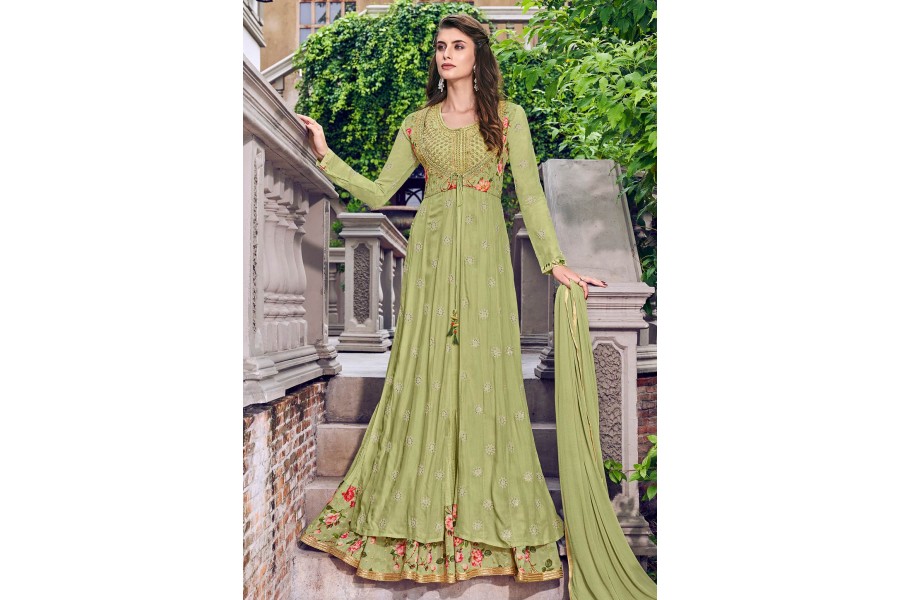 Green Viscose Jacquard Silk Festive Anarkali Suit