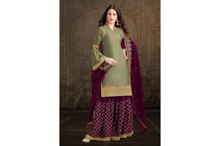 Green Satin Palazzo Suits with Beads Sequins Work main image 0