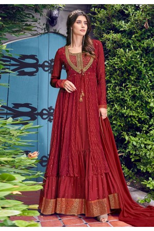 Maroon chiffon long anarkali suit with jacket 6404