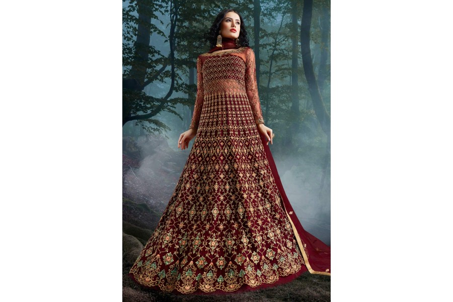 Heavy Embroidered Maroon Net Bridal Anarkali Suit