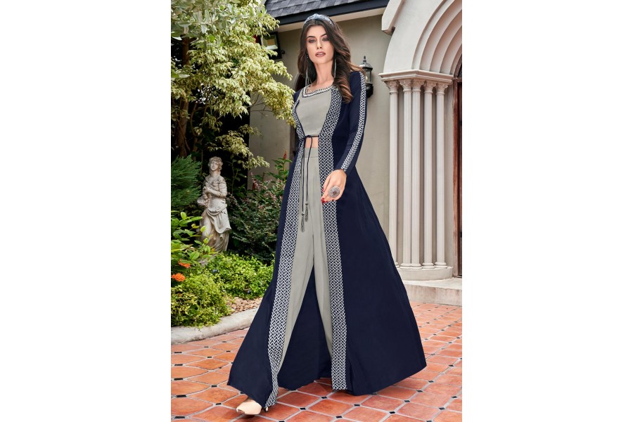 Dark Peacock Blue Jacket Style Palazzo Suit With Dupatta