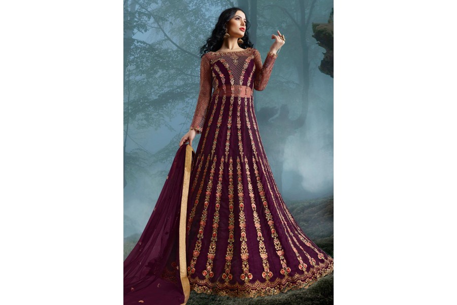 Net Brownish Peach Floor Length Ceremonial Anarkali Suit