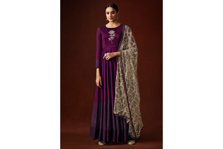 Swarna Purple Tebby Silk Anarkali Suit Set