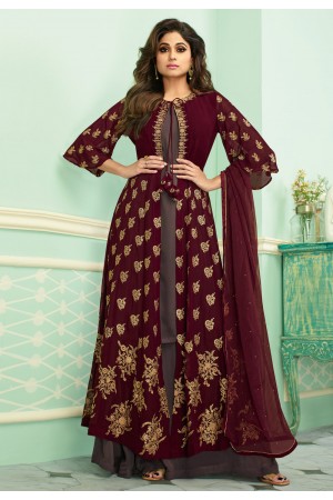 Shamita shetty brown georgette embroidered jacket style suit 7136