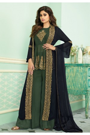 Shamita shetty green georgette embroidered palazzo suit with jacket 7137