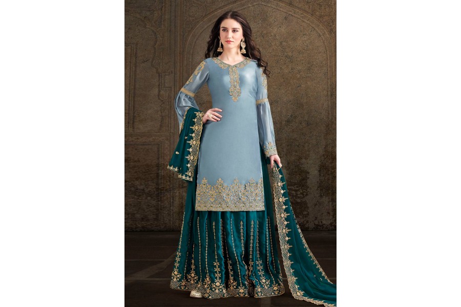 Deep Blue Mirror & Embroidered Palazzo Suit