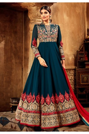 Teal blue georgette embroidered floor length anarkali suit 7715