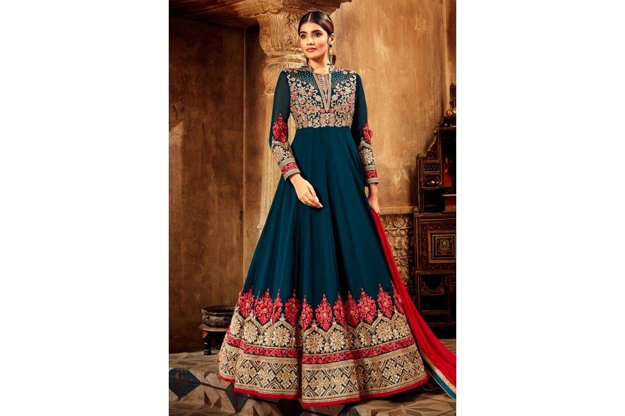 Teal Green Heavy Embroidered Georgette Anarkali Suit