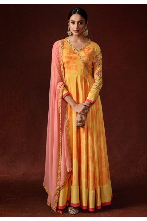 Yellow silk abaya style anarkali suit 11052