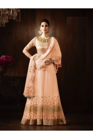 Peach color net embroidered party wear anarkali kameez