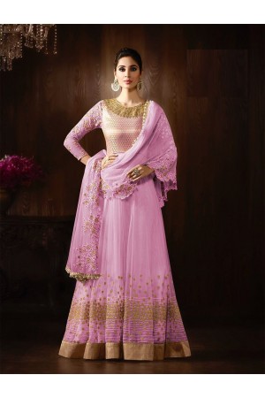 Pink color net embroidered party wear anarkali kameez
