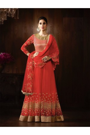 Red color net embroidered party wear anarkali kameez