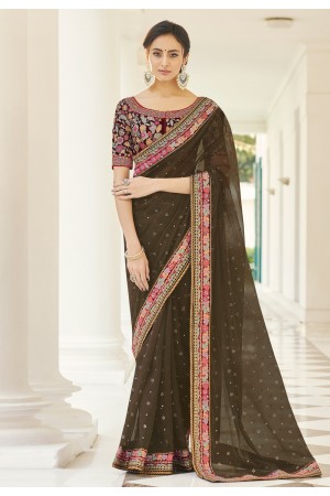 Brown organza saree with blouse 9501