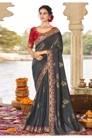 Grey silk festival wear saree 9217