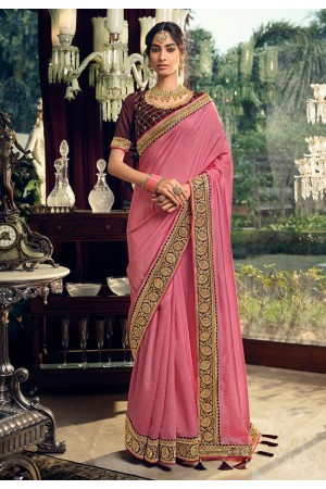 Pink silk saree with blouse 3403