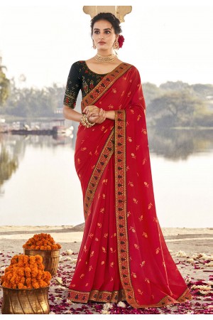 Red silk festival wear saree 9213