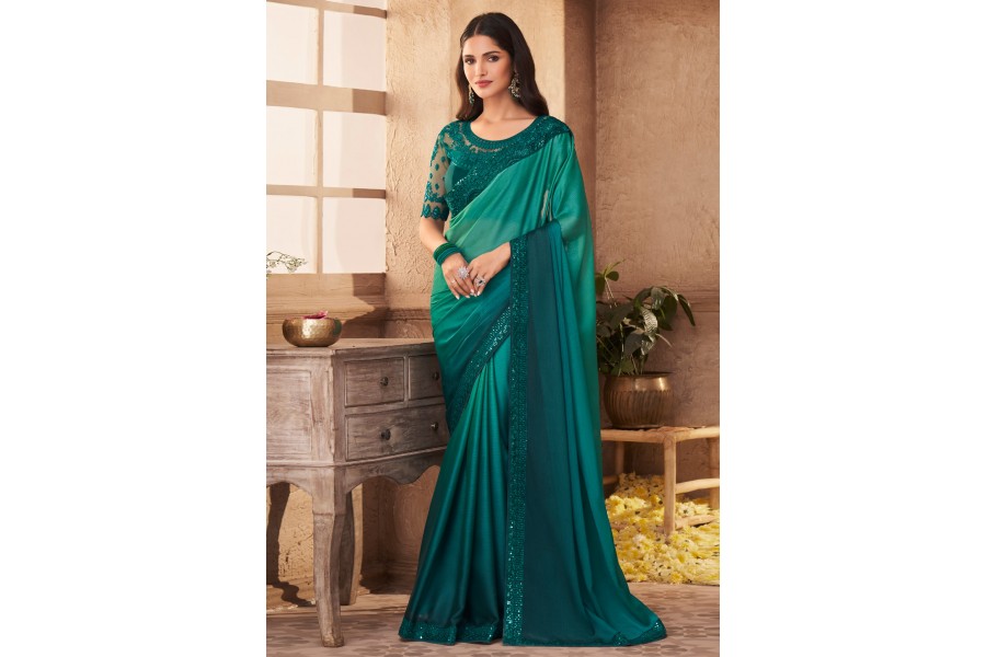 Women's Cotton Sea Green Printed Designer Saree With Blouse Piece