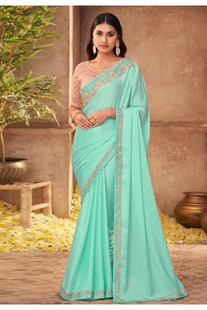 Sky blue silk saree with blouse 907