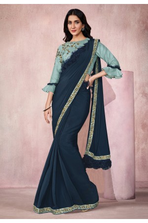 Teal lycra saree with blouse 21820