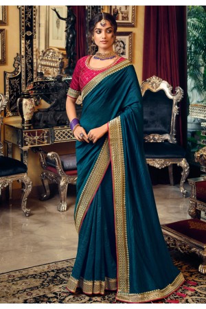 Teal silk festival wear saree 3410