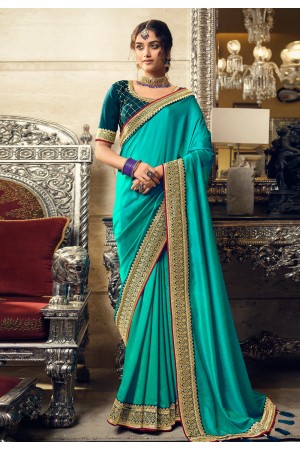 Turquoise silk saree with blouse 3402