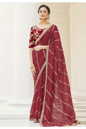Wine organza saree with blouse 9505