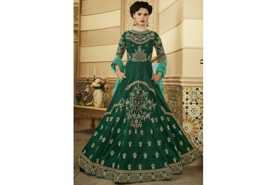 Buy Emerald green silk Indian wedding anarkali in UK, USA and Canada