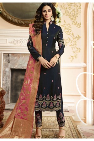 Indian silk Wedding salwar kameez in blue color 15203