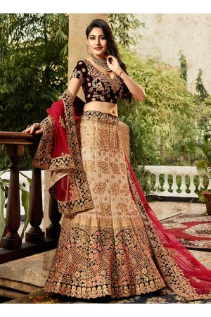 Cream red and wine color wedding lehenga choli