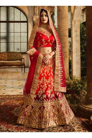 Red and maroon shaded silk velvet and net wedding lehenga choli