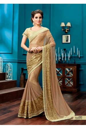 Beige knitted net wedding wear saree