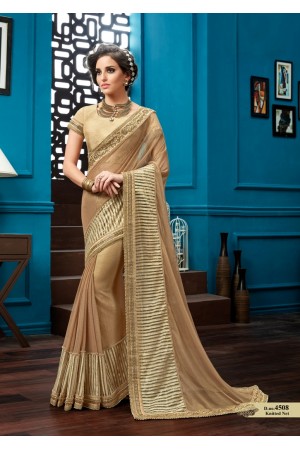 Beige knitted net wedding wear saree