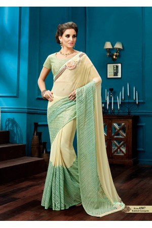 Cream and mint green fancy wedding wear saree