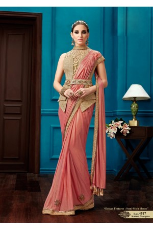 Peach color knitted georgette wedding wear saree